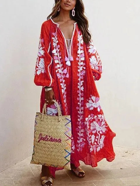 Boho Elegant Print MooMoo Dress For Women | Loose Luxury MooMoo V Neck |  Lace Up Big Hem MooMoo Dresses 2025|  Fashion New Lady MooMoo Robe