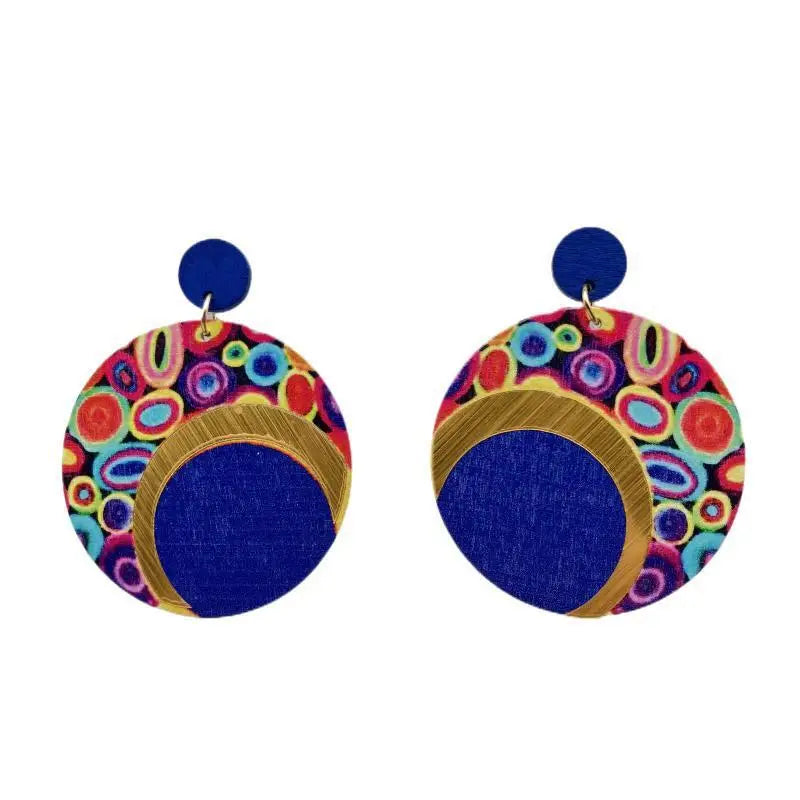 Fashion Exaggerated Round Earrings Printed Colorful Wooden Earrings for Women Ethnic Statement Jewelry Party Wedding Gift