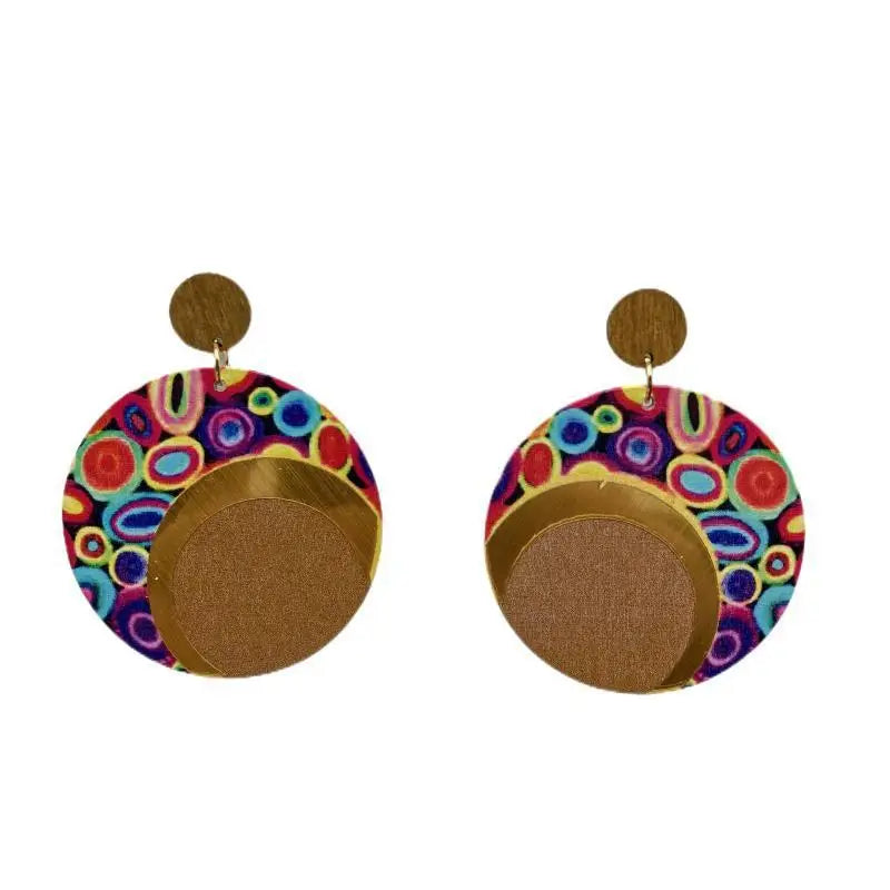 Fashion Exaggerated Round Earrings Printed Colorful Wooden Earrings for Women Ethnic Statement Jewelry Party Wedding Gift