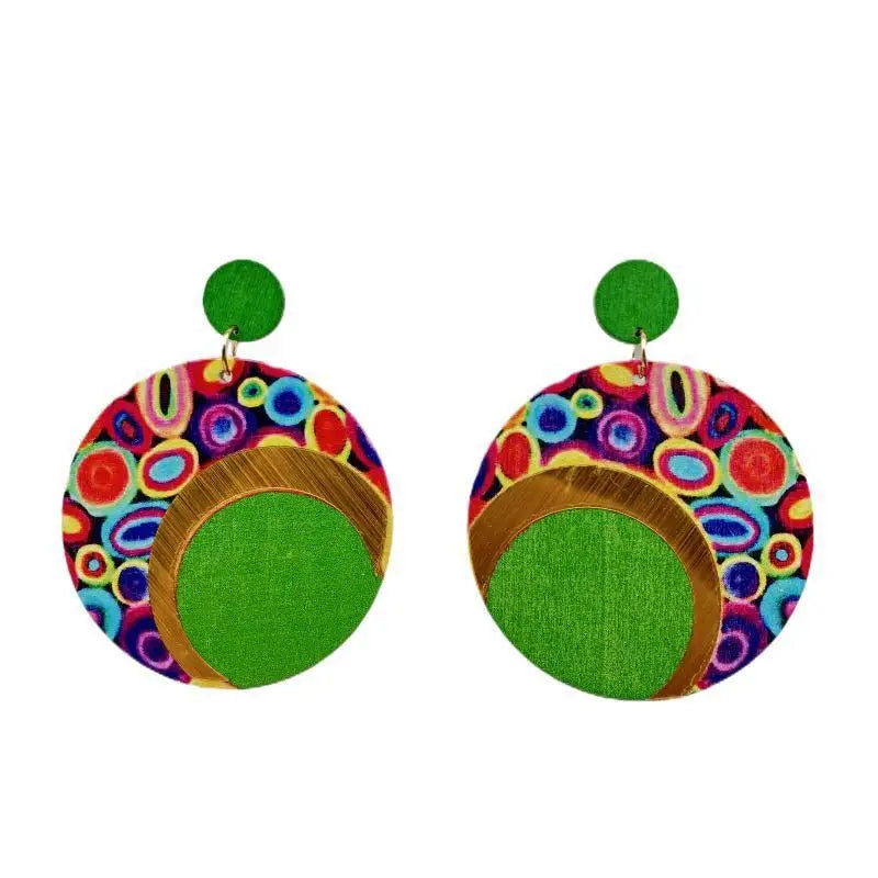 Fashion Exaggerated Round Earrings Printed Colorful Wooden Earrings for Women Ethnic Statement Jewelry Party Wedding Gift