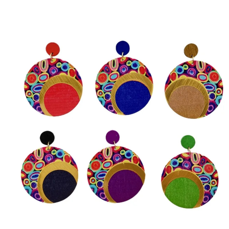 Fashion Exaggerated Round Earrings Printed Colorful Wooden Earrings for Women Ethnic Statement Jewelry Party Wedding Gift