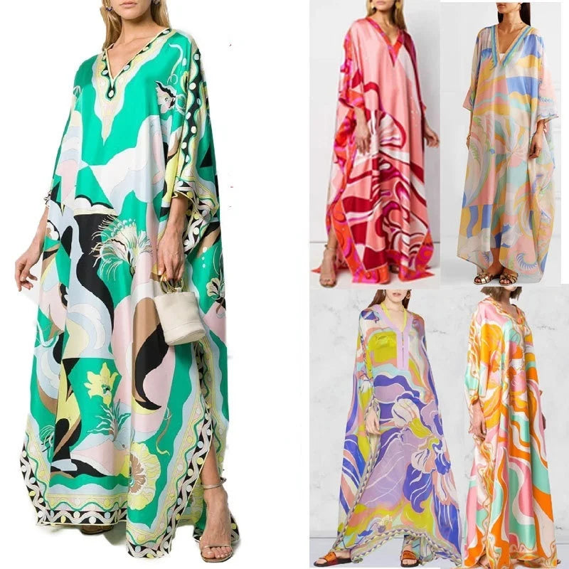 MooMoo Dress| Women's Murah Kaftan Batik Cover Up Loose V-neck|  bohemian dress plus size Beach Dress Print Floral Maxi Dress