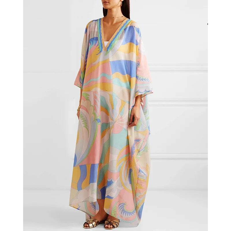 MooMoo Dress| Women's Murah Kaftan Batik Cover Up Loose V-neck|  bohemian dress plus size Beach Dress Print Floral Maxi Dress