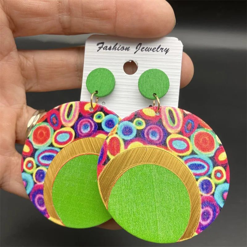 Fashion Exaggerated Round Earrings Printed Colorful Wooden Earrings for Women Ethnic Statement Jewelry Party Wedding Gift